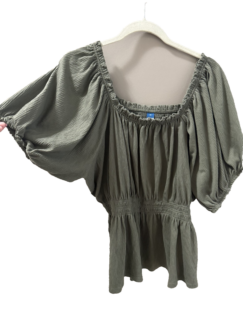 Old Navy 3X Olive Green Peasant Blouse Smocked Back/Waist Bohohemian Cottagecore